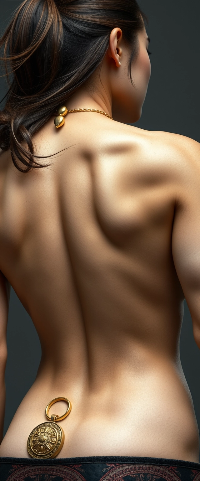 Close-up view of unrealistically highly muscular back with big shiny muscles of a Korean-Japanese tall woman with hair spread, wearing gold ornaments on waist and neck.