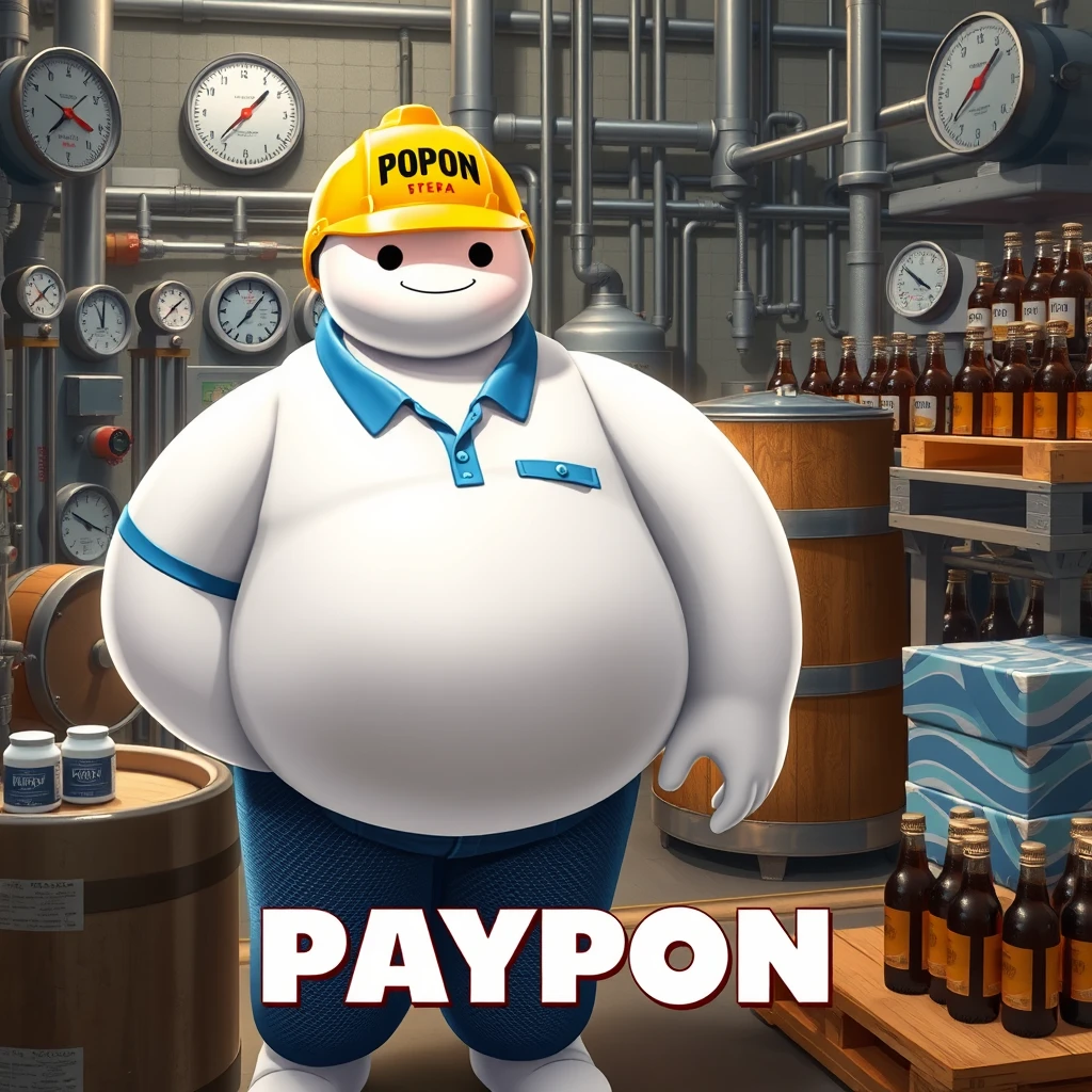 Baymax in a beer bottling facility surrounded by machinery, a barrel, gauges, measuring instruments, pallets, beer bottles, wearing a blue polo shirt, blue jeans, and a yellow helmet that has the word POPON written on it, with a caption below in beautiful letters. - Image