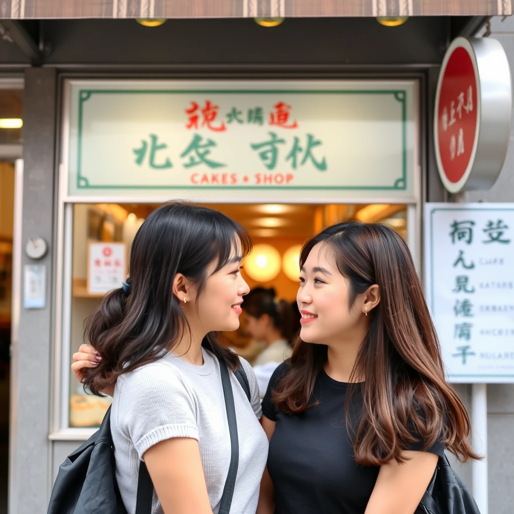 Two young women are chatting outside a cake shop. Their facial features are clear, and you can see that they are wearing socks. There is a sign outside the restaurant, and the characters on the sign are visible, including Chinese characters.