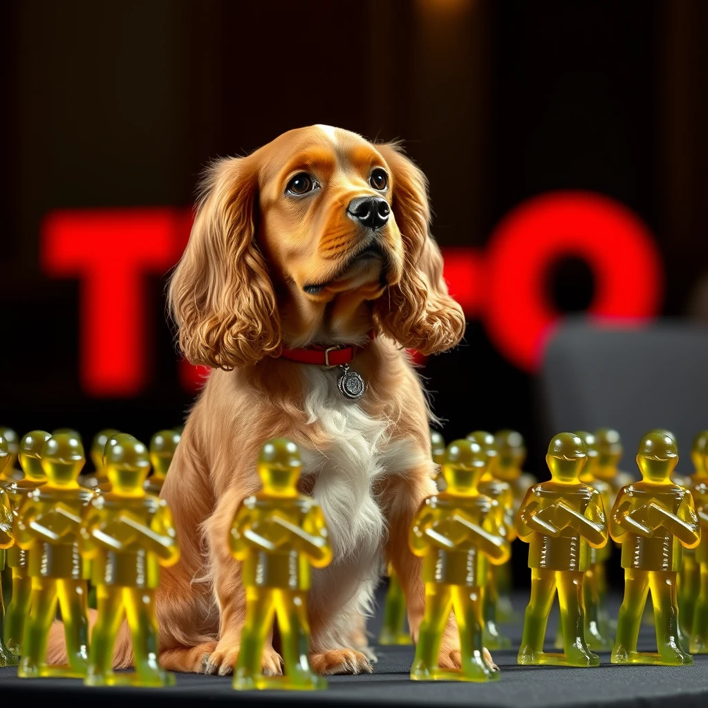 A cocker spaniel giving a TED Talk to soldiers made of Jell-O. - Image