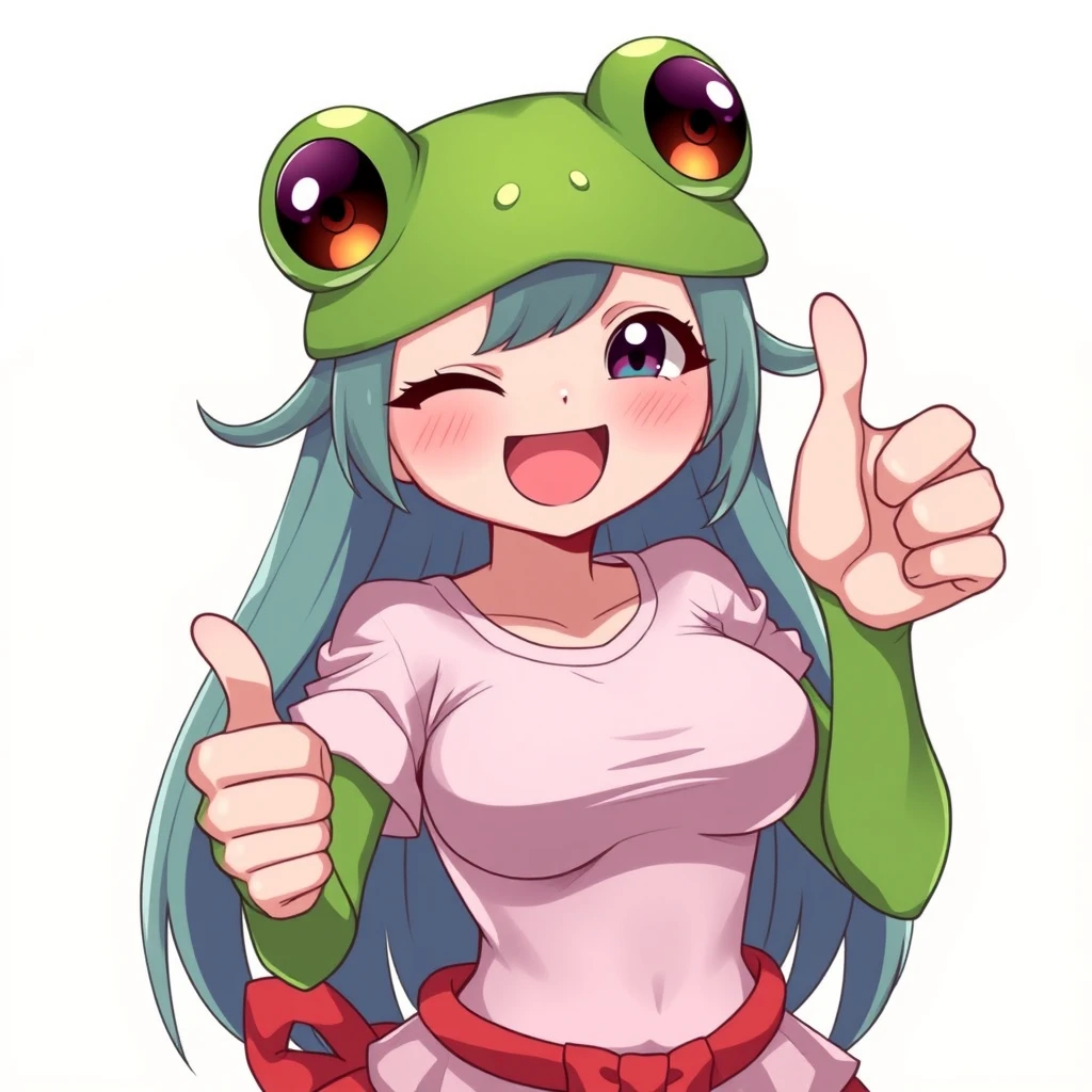 A beautiful frog woman, happy and bubbly, winking and giving a thumbs up, styled in anime, full of energy and spunk.