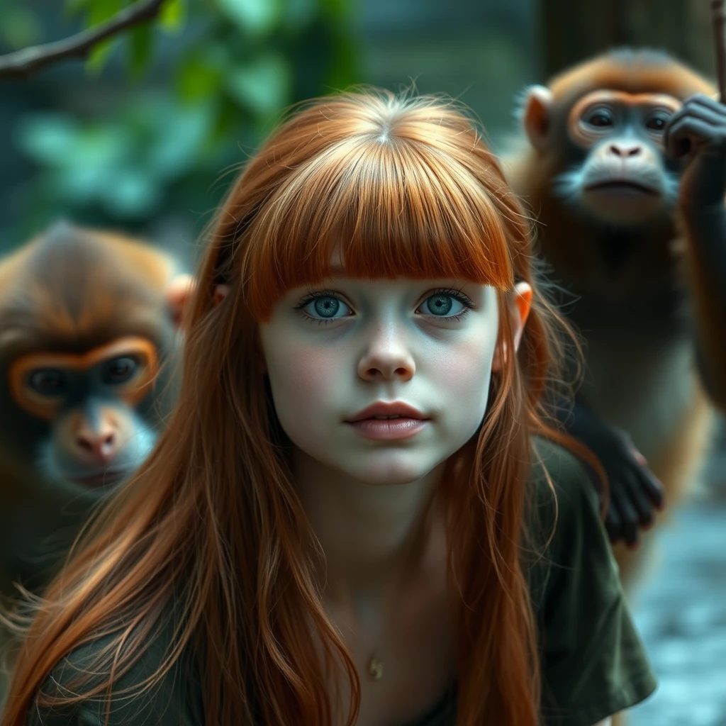 Redhead teenage girl with bangs, green eyes, long hair being the princess of the monkeys.