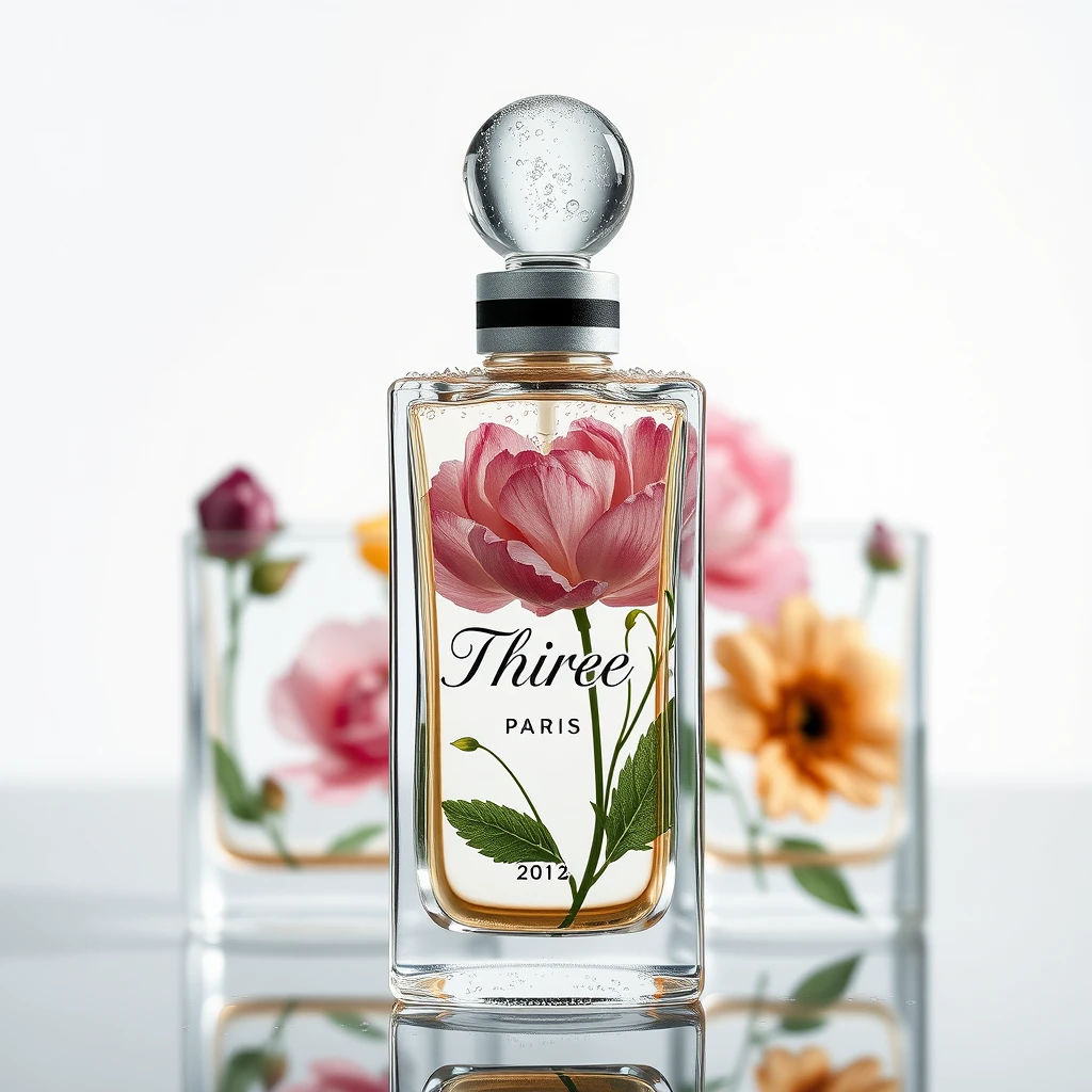 Realistic photography, limited edition glass cosmetic bottles from Paris, with "Three" and representative floral images printed on the glass, white background, dew on the top of the bottle body, featuring epic visual effects and exquisite printing technology, intricate details, rich details. - Image