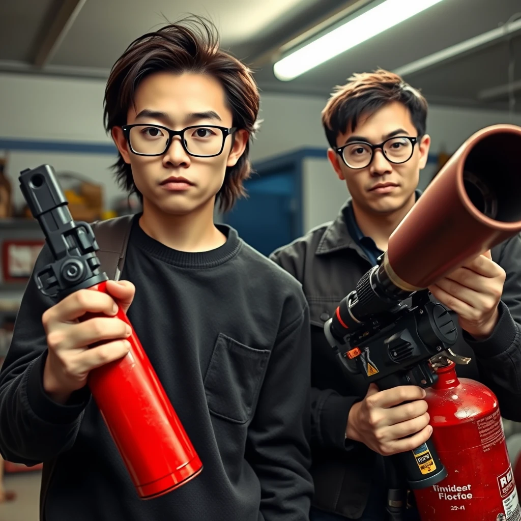 21-year-old thin, long-faced young northern Chinese man with a square chin, wearing square glasses and holding a pistol, with medium to long-length hair; 21-year-old white Italian/Caucasian man wearing round glasses and short hair, holding a very large fire extinguisher flamethrower; garage setting; both looking angry.