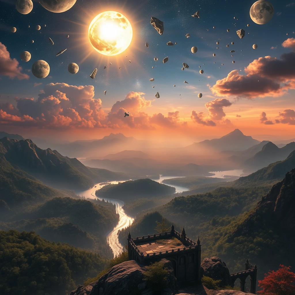 A breathtaking view from the top of a mountain overlooking a vast fantasy landscape. In the sky, a dramatic celestial collision between the sun and the moon is taking place. Shards of the sun and chunks of the moon are scattered across the sky, creating an eternal twilight. The landscape below features lush forests, sparkling rivers, and ancient ruins bathed in the soft, mixed light of the sun and moon fragments. The scene is filled with a magical and ethereal atmosphere, with mystical creatures and vibrant colors adding to the fantastical setting. - Image