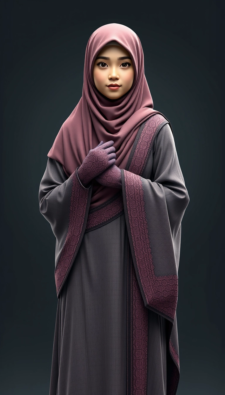 A 3D, 8k depiction of a Muslim woman from Palembang, wearing a traditional long songket and a long gown (gamis). She is adorned with a hijab that covers her chest and wears batik gloves covering her hands. - Image