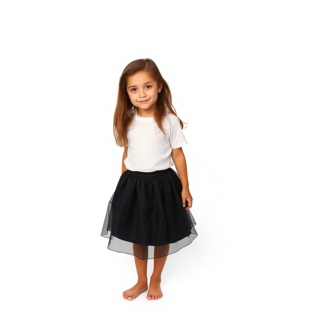 Create a photo: A 16-year-old girl is wearing a black skirt and a white T-shirt and is barefoot. She is fully visible and looking at the viewer. The background is white. - Image