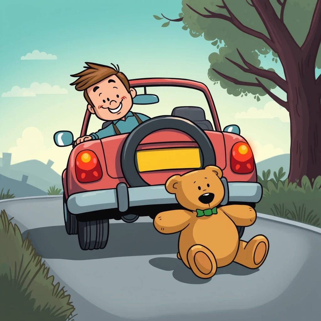 Cartoon father backing up his car over a teddy bear. - Image