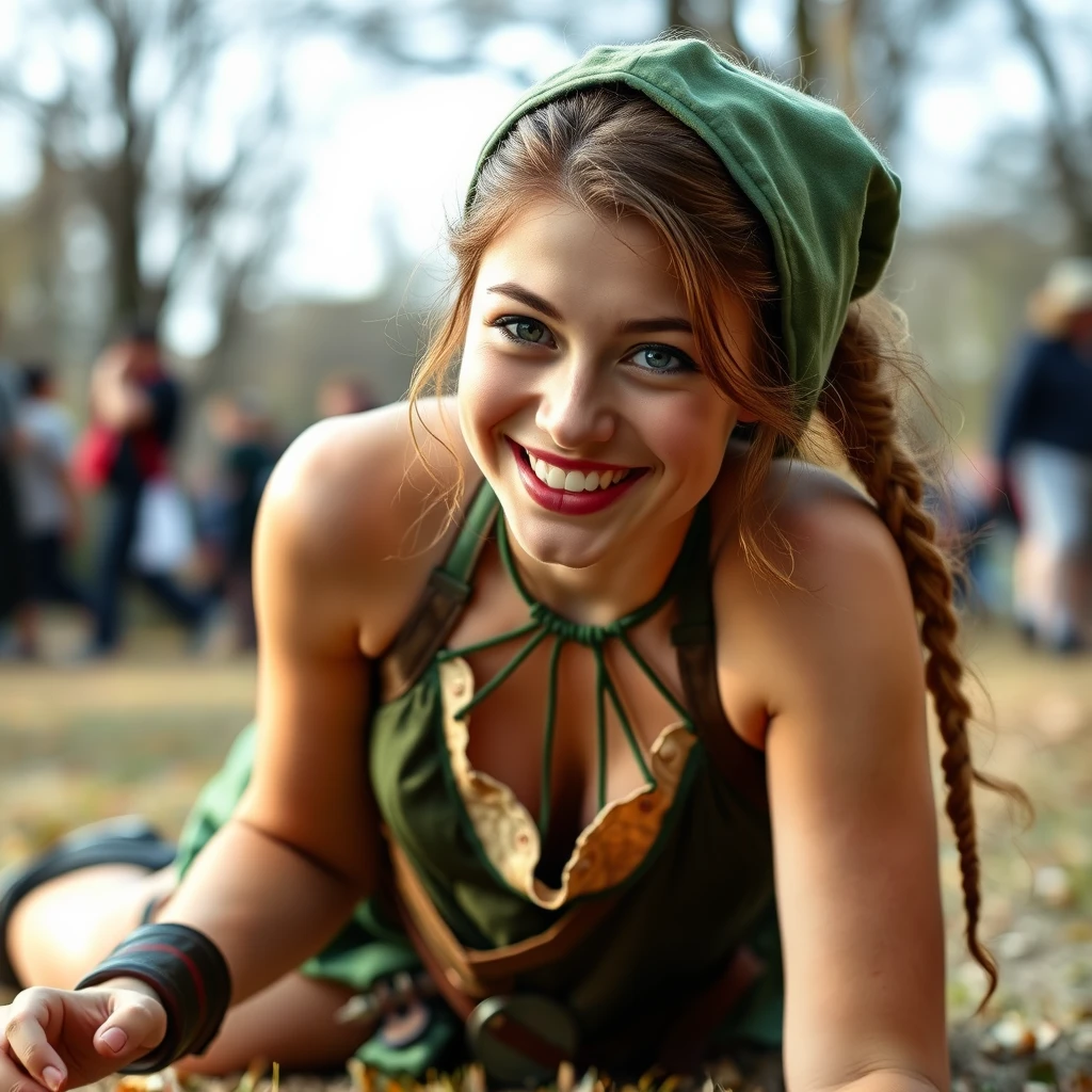 Female college freshman dressed in a Robin Hood-style outfit with a satin halterneck top crawling toward the camera with a cheeky playful grin.