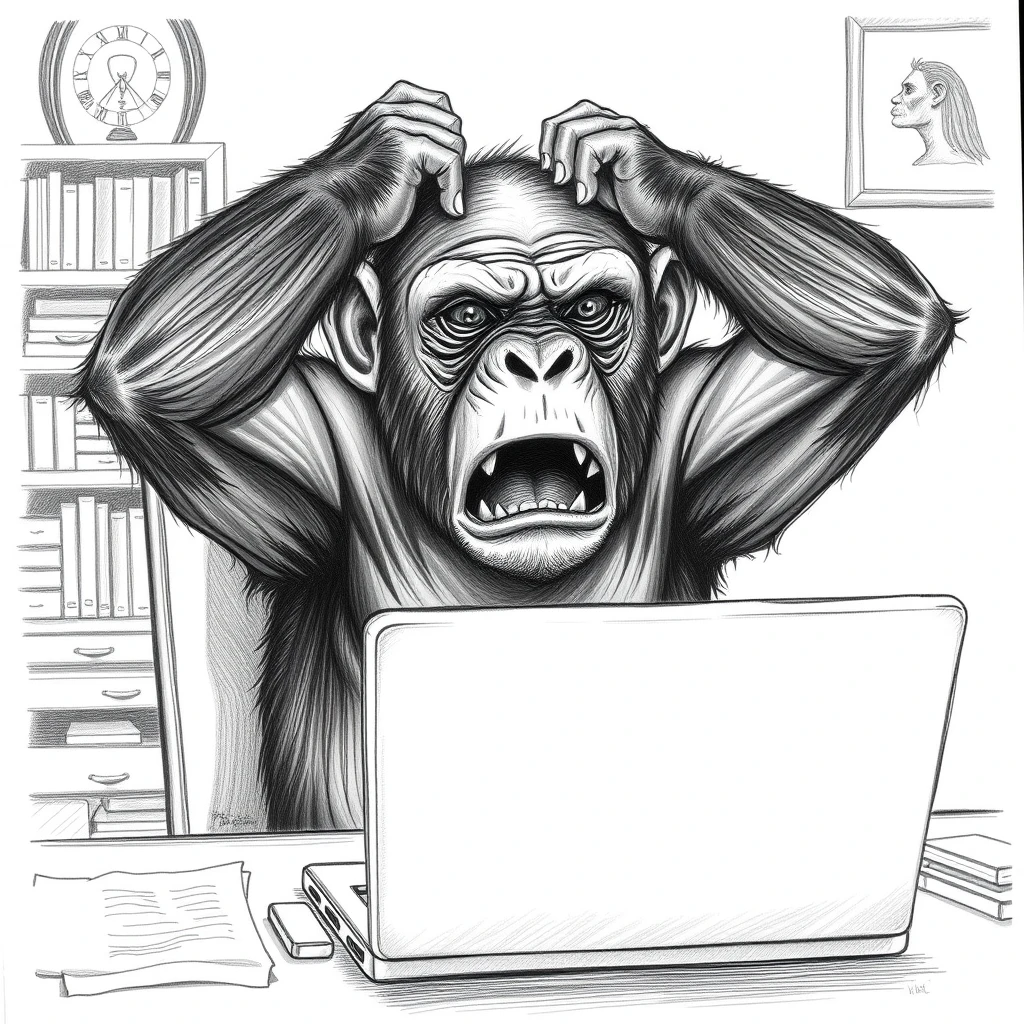 Chimpanzee sitting at a desk in a home office with a laptop computer in front of him. The ape is angry, crying in rage and despair with his hands held to his head. Stylized detailed pencil drawing with exaggerated expressions.