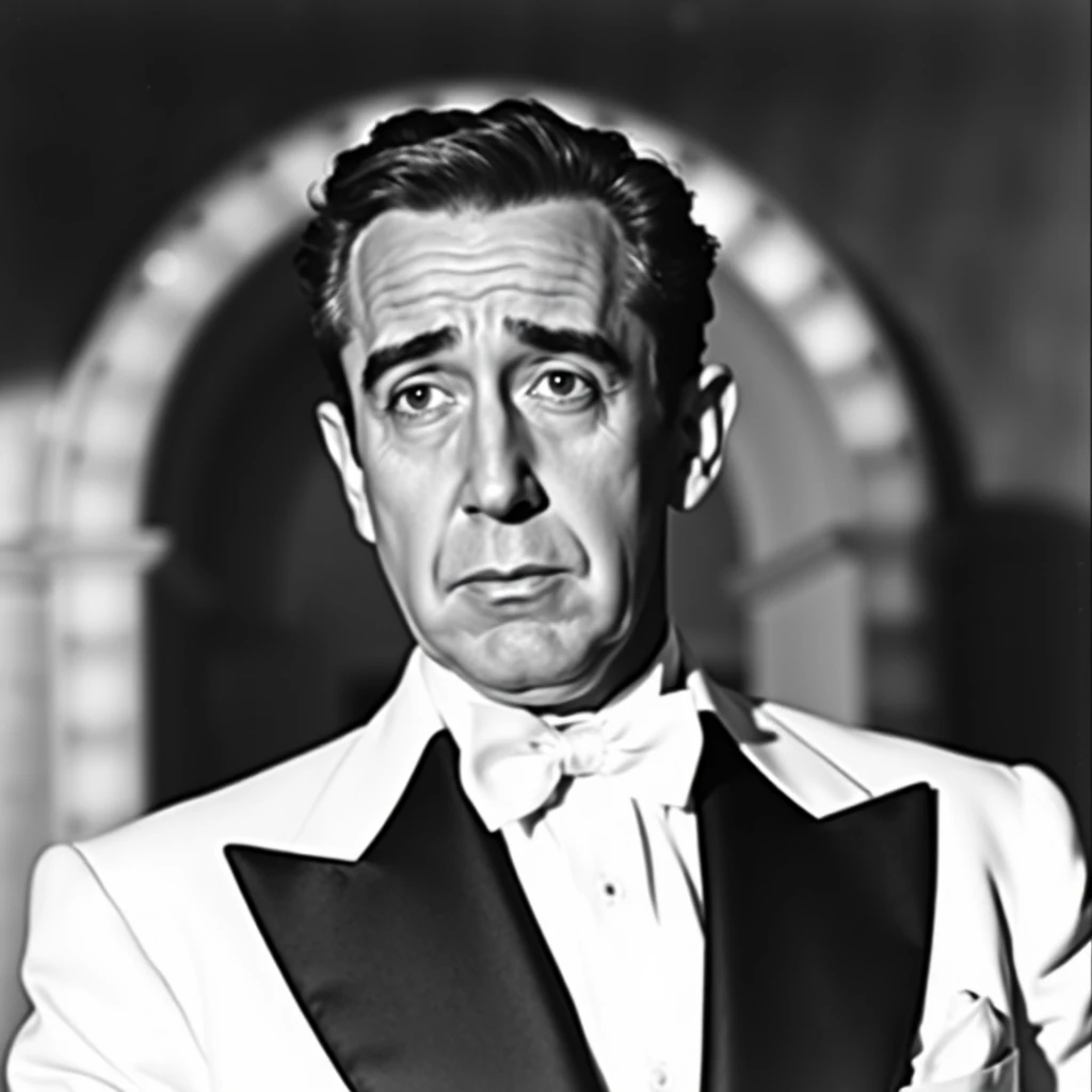 A publicity still of Humphrey Bogart in black and white, wearing a white tuxedo.