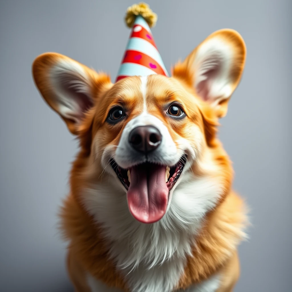 Corgi wearing a party hat