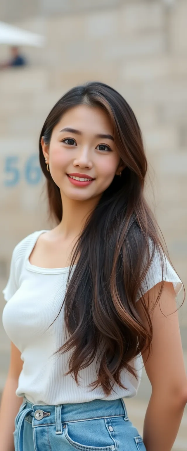 A pretty beautiful girl, Chinese, oval face, 18 years old, college student, big breasts, summer.