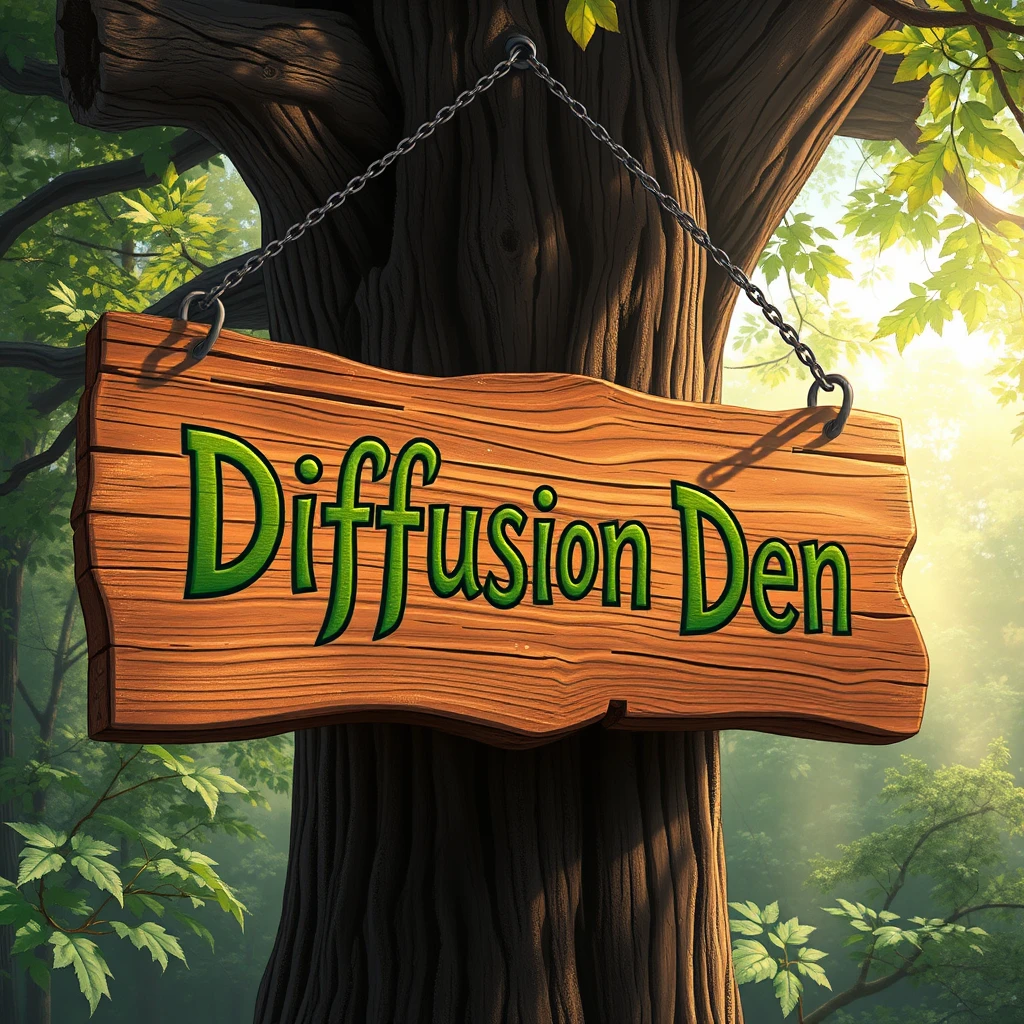 A rustic wooden signboard with "Diffusion Den" carved intricately into the surface, each letter filled with a mossy green paint. The sign hangs from an aged oak tree using iron chains, surrounded by a tranquil woodland setting. Painted in a realistic yet slightly whimsical style, akin to early 20th-century illustrators. Morning sunlight filters through the dense foliage, casting delicate shadows of leaves and creating a serene, inviting atmosphere. Hints of dew glisten on the wooden texture, enhancing the fresh, earthy mood.