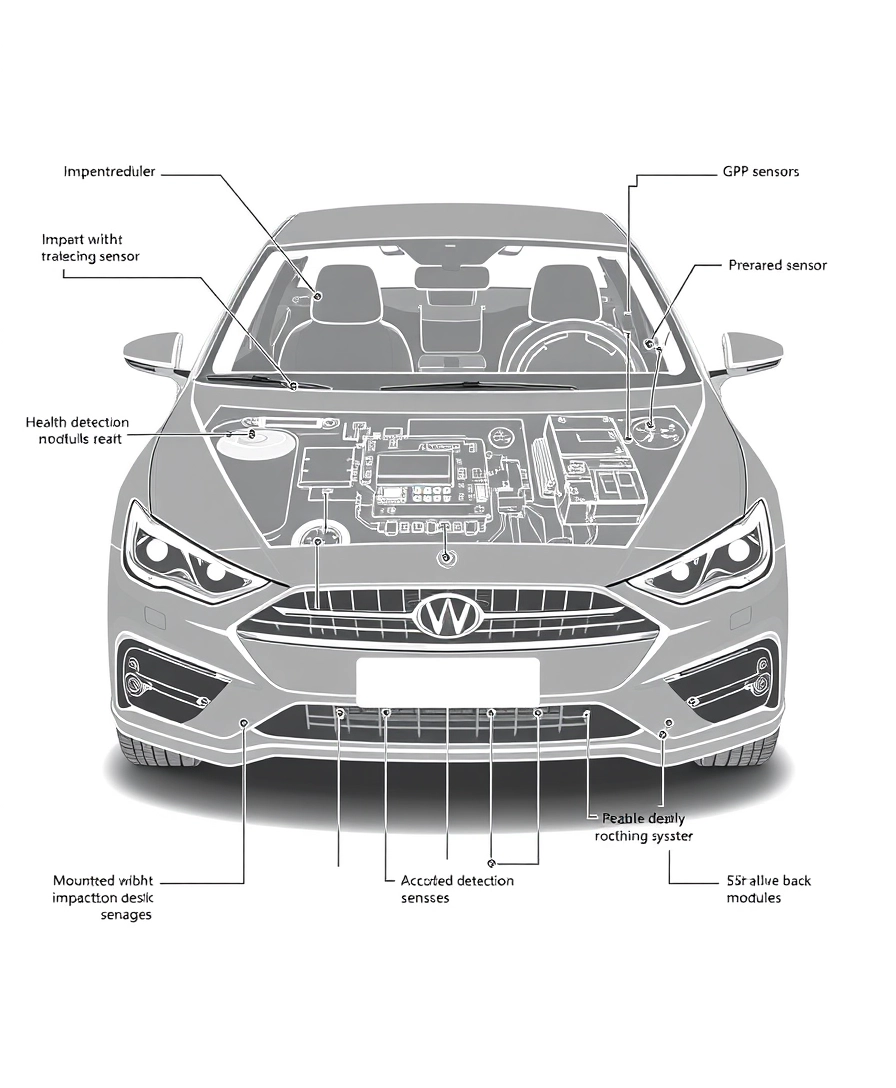 Create a detailed hardware diagram that clearly depicts, in black and white, the front of a car equipped with an advanced accident alert system, focusing on the hardware components and their specific installation locations. The microcontroller/processor should be shown mounted under the dashboard or in a central control unit. Illustrate the accident detection sensors, including the accelerometer and gyroscope integrated into the vehicle’s central control unit or under the dashboard, and impact sensors placed at strategic points around the vehicle (front, rear, and sides). Depict the communication modules, such as the GSM/LTE module under the dashboard or in the central control unit, and the Wi-Fi/Bluetooth module integrated with the microcontroller. Show the GPS module mounted on the dashboard or integrated into the vehicle’s navigation system. Include health monitoring devices such as wearable health devices worn by the driver on their wrist, an infrared camera mounted on the dashboard facing the driver, pressure sensors integrated into the steering wheel, and a heart rate monitor embedded in the driver’s seat or steering wheel. Display the power supply with the battery pack mounted in the trunk or under the rear seat. Illustrate the user interface components, including the LCD/TFT display mounted on the dashboard within the driver’s line of sight, a buzzer/alarm integrated into the dashboard, and LED indicators positioned on the dashboard. Show the data storage with the SD card module integrated with the microcontroller/processor. Additionally, depict the necessary wiring connecting all components, running neatly through the vehicle. The diagram should clearly depict the placement of each hardware component within the car, providing a comprehensive visual representation of their integration in the accident alert system. - Image