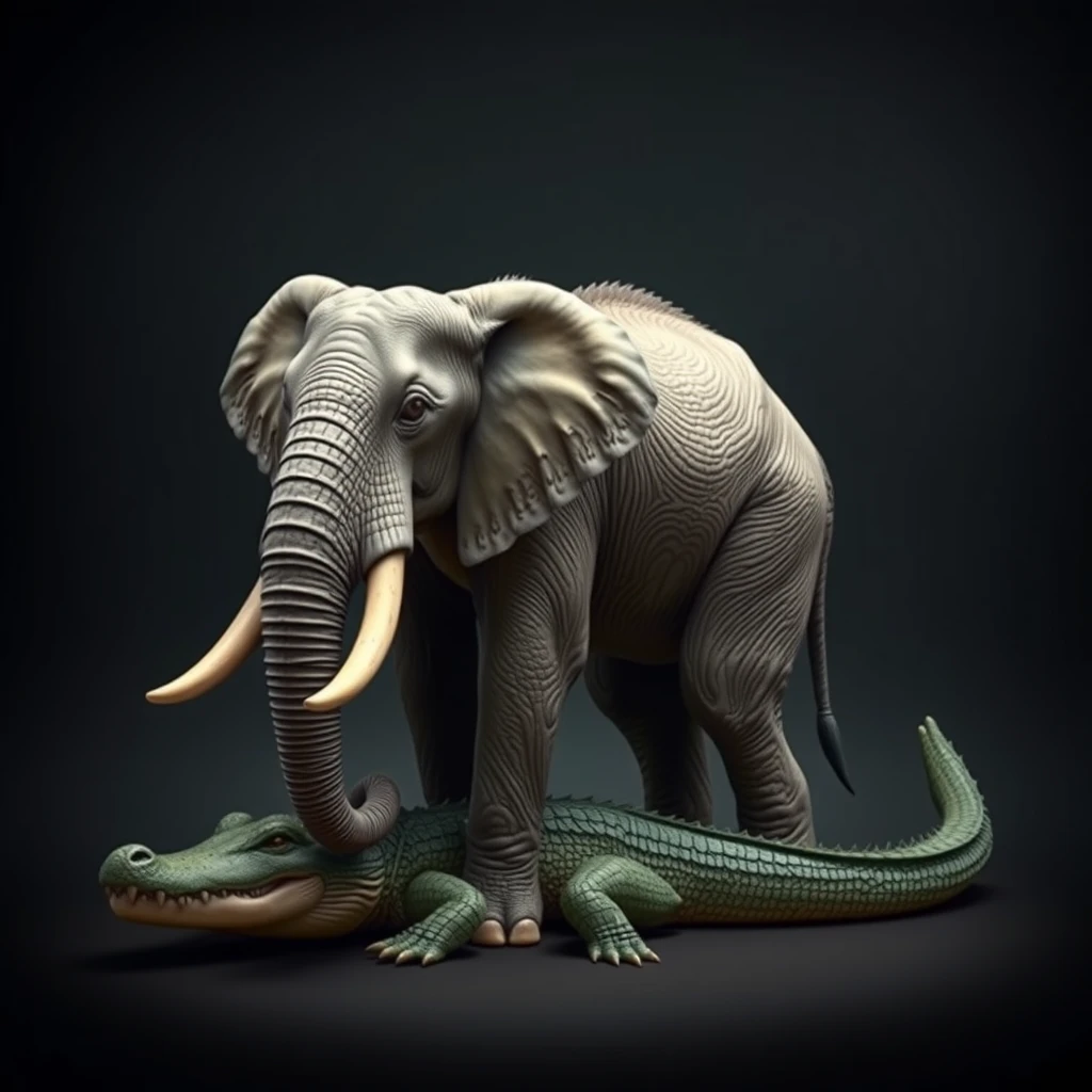 'a hybrid creature: front elephant, back crocodile' - Image