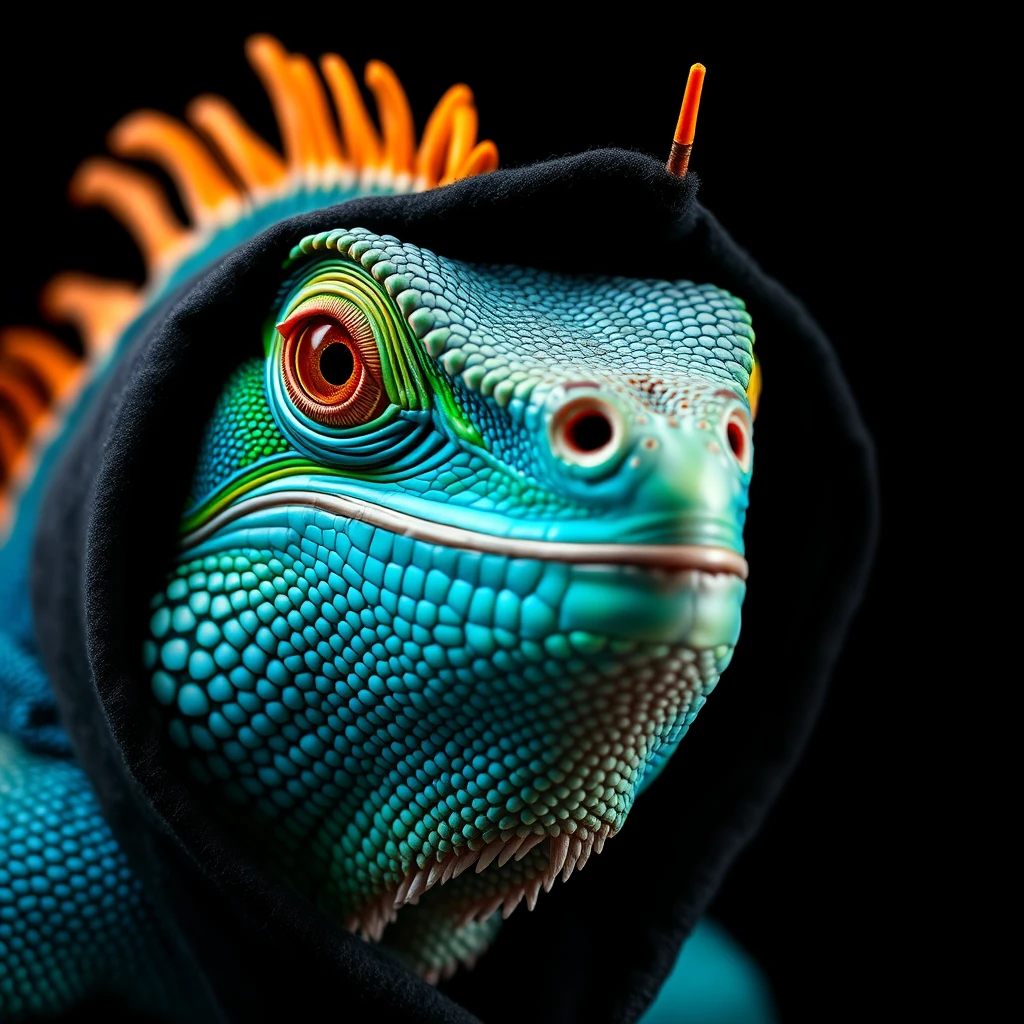 Close-up portrait of a majestic iguana with vibrant blue-green scales, piercing amber eyes, and an orange spiky crest. Intricate textures and details are visible on the scaly skin. Wrapped in a dark hood, giving it a regal appearance. Dramatic lighting against a black background. Hyper-realistic, high-resolution image showcasing the reptile's expressive features and coloration. - Image