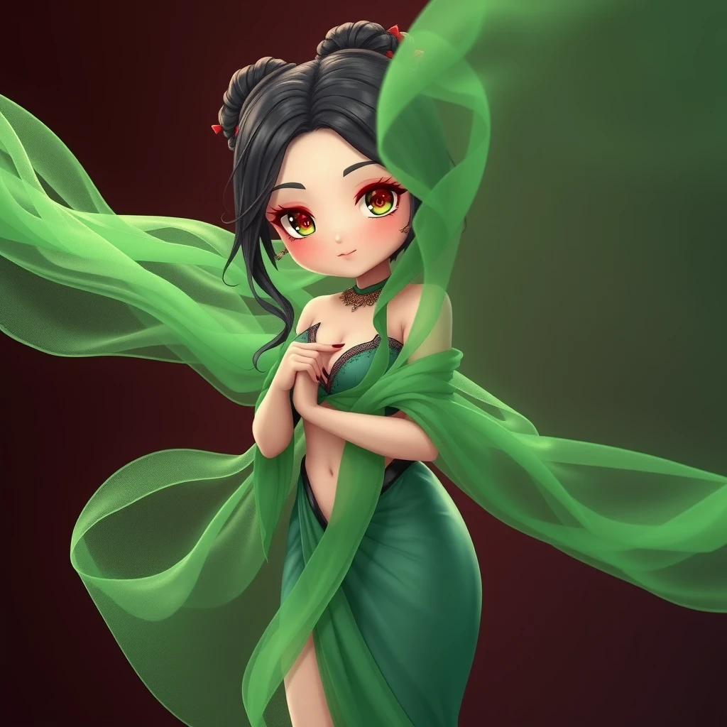 "A seductive Eastern demoness, green sheer fabric, two-dimensional, chibi, full-body image." - Image