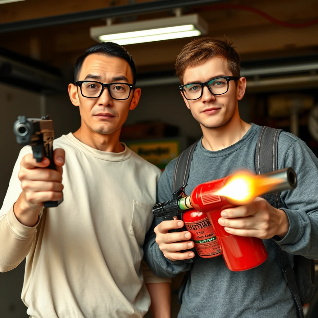 21-year-old thin white man with a long face from northern China, square chin, wearing square glasses, holding a pistol; 21-year-old white Italian man wearing round glasses and short hair, holding a very large fire extinguisher flamethrower; garage setting; both looking angry.