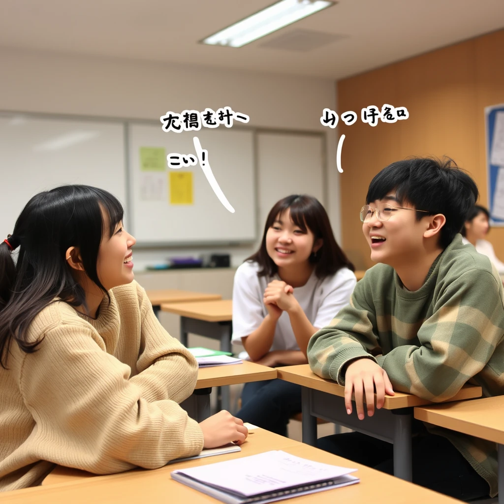 In the classroom, during the break, some students are chatting and laughing in the classroom, using Chinese characters or Japanese.