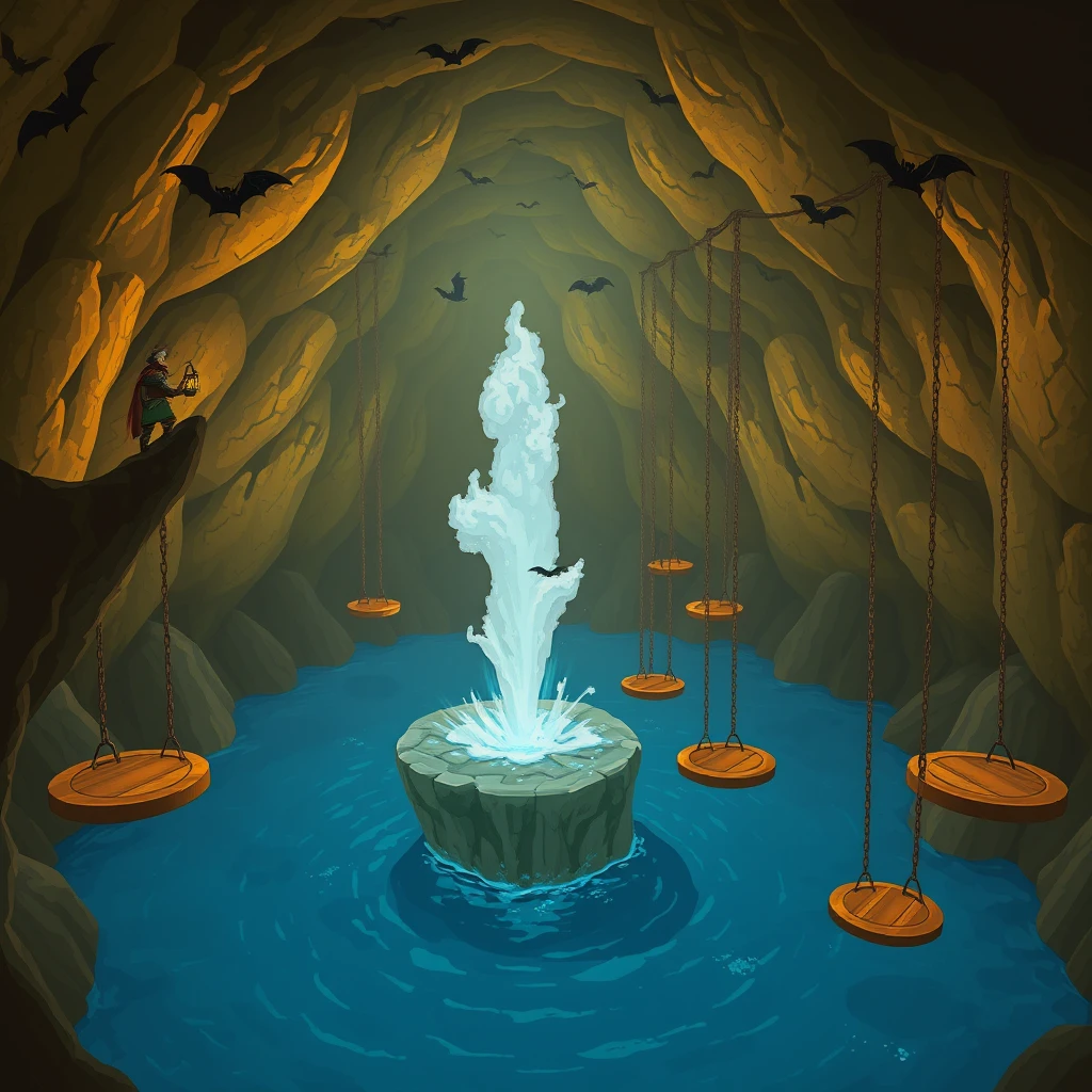 A large cavern, standing on one of the platforms is a male warrior who is holding a lantern. There is blue water filling the bottom of the cavern and a geyser is erupting. Hanging from the ceiling in a row are 10 chains going past the geyser. There are round wooden platforms at the end of the chains that are suspended above the water. Bats are flying around. - Image