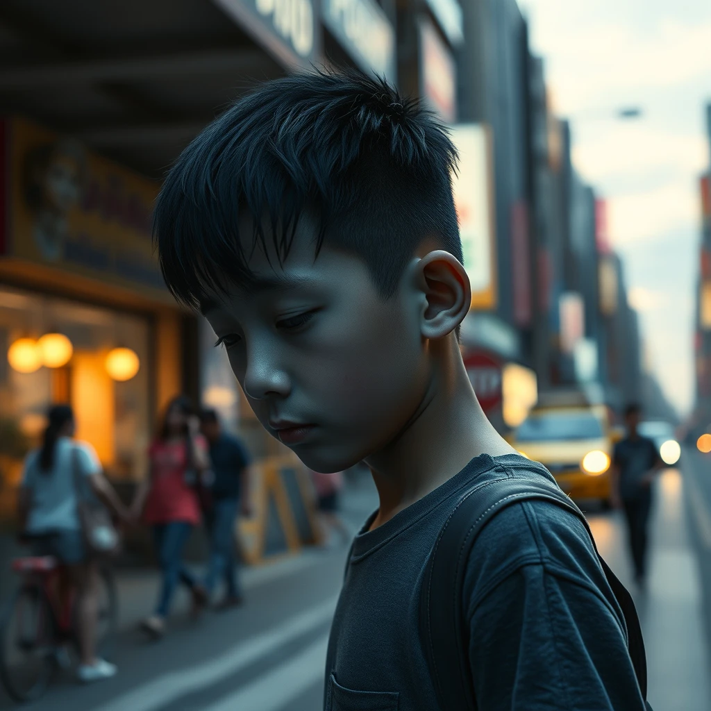 At dusk, an Asian boy has deep blue skin; he walks down a busy city street with his head down. No one noticed him. Photorealistic, 8K. - Image