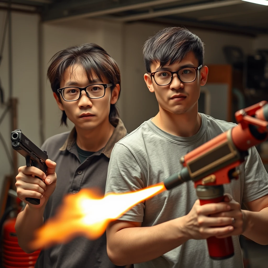 21-year-old white thin long-faced young northern Chinese man with a square chin, wearing square glasses, holding a pistol, "medium/long length hair"; 21-year-old white Italian/Caucasian man wearing round glasses and short hair holding a very large fire extinguisher flamethrower; garage setting; both angry.