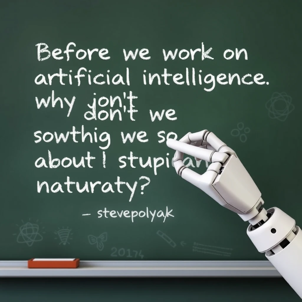 A robotic hand holding a piece of chalk writing with that piece of chalk on a chalkboard with writing on it that says “Before we work on artificial intelligence why don’t we do something about natural stupidity?”

—Steve Polyak , on a classroom style chalkboard