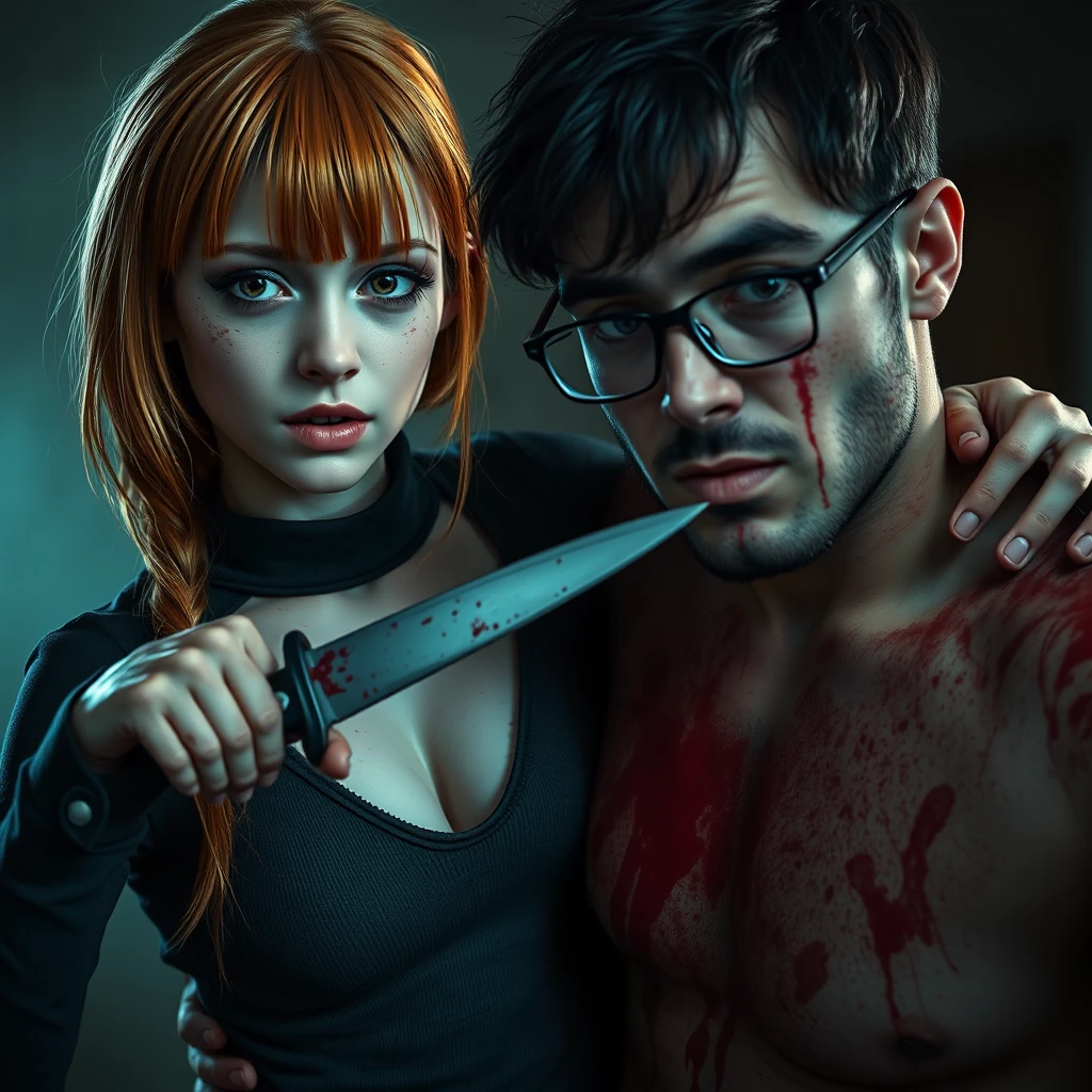 A horror scene; a short, skinny teenage girl with long ginger hair and bangs, green eyes, and big breasts cutting a tall young Italian white guy who wears glasses with a knife. Both of them are covered in blood. - Image