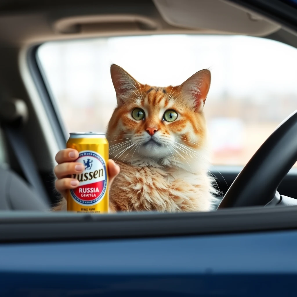 The cat is sitting behind the wheel and holding a can of beer in his hand. And sometimes drinking it. It's a Russian cat. - Image