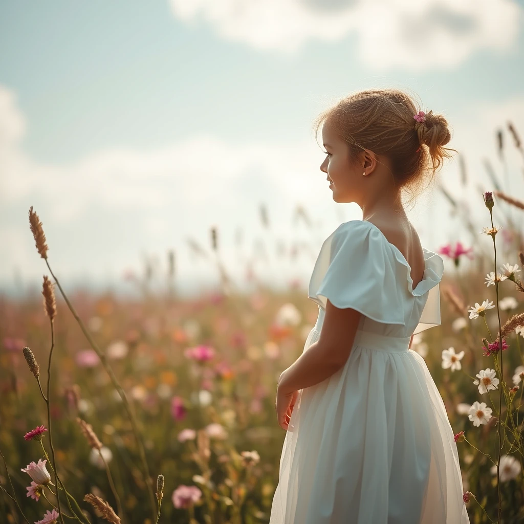 A blissful scene of a girl in a white dress