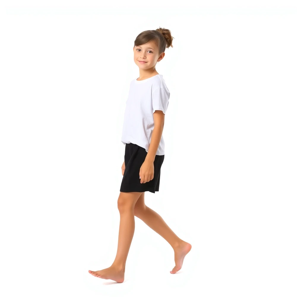 Create a photo: A 16-year-old teenage girl is wearing a black skirt and a white t-shirt and is barefoot. She is fully visible and is walking towards the viewer. The background is white.