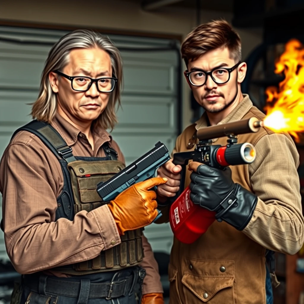 21-year-old white thin long-faced adult northern Chinese man with a square chin, wearing square glasses, holding a pistol, with medium/long length hair, tactical chest rig; 21-year-old Caucasian Italian man wearing round glasses and short hair holding a very large fire extinguisher flamethrower, welding apron, and long sleeve leather gloves; garage setting; both angry.