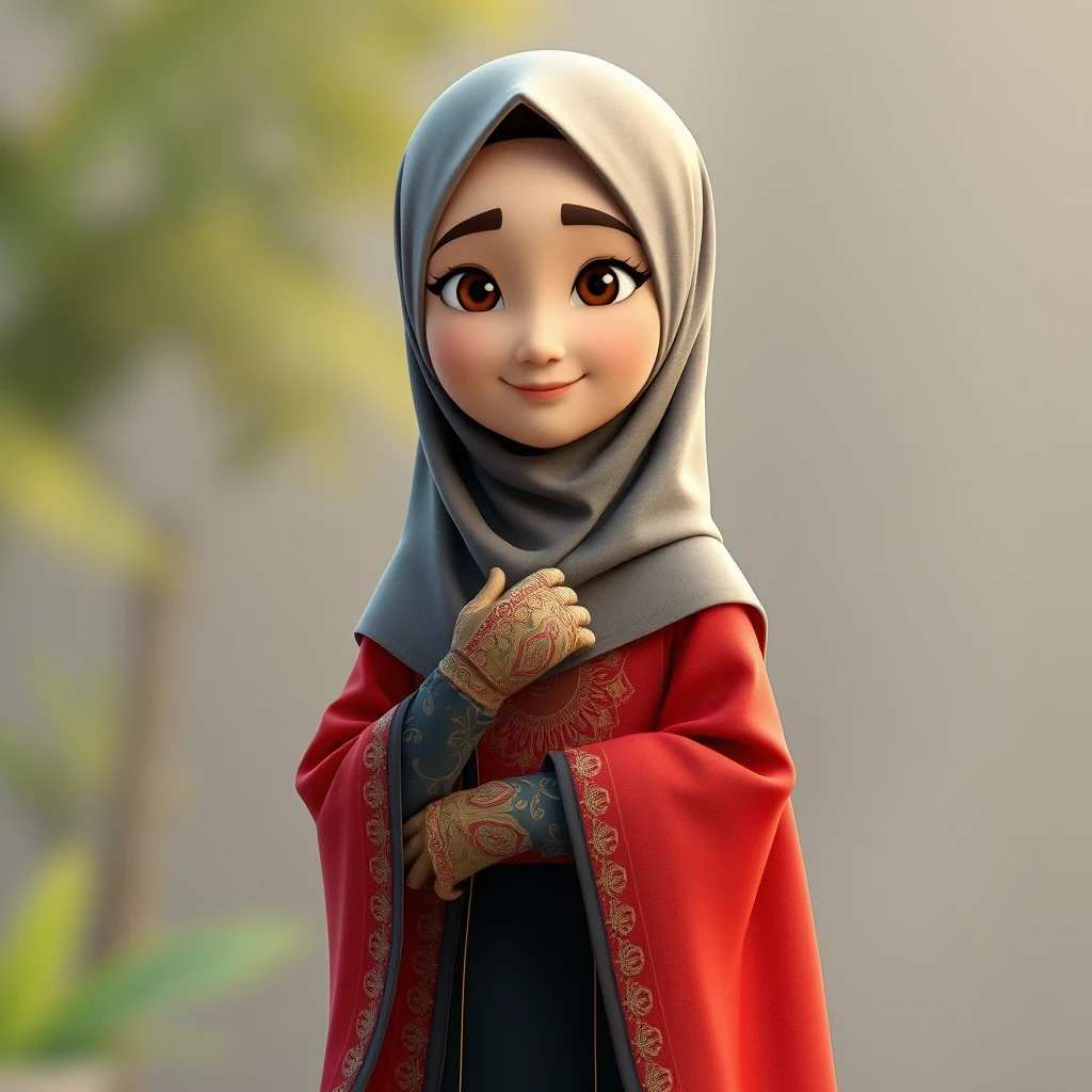 A 3D, 8k animated cartoon depiction of a Muslim woman from Palembang, wearing a traditional long songket and a long gown (gamis). She is adorned with a hijab that covers her chest and wears batik gloves covering her hands.