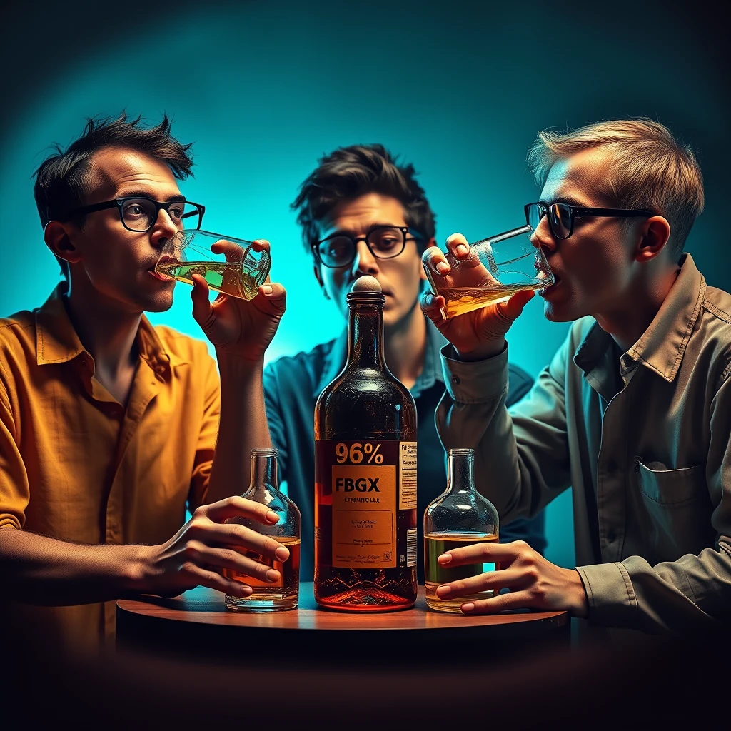 3 idiots drinking 96% ethanol from "brown glass chemical reagent bottle" - Image