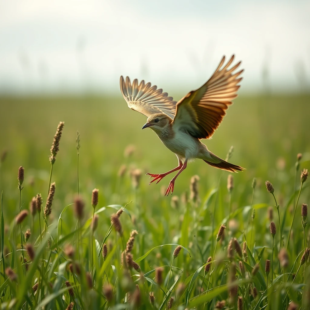 a boy bird flying in a field of weeds, jumping high but only a few feet off the ground, ((masterpiece))