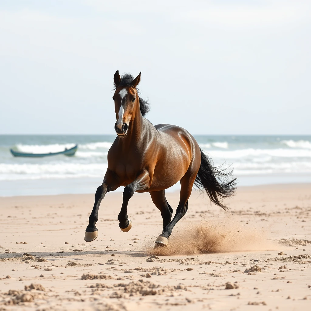 'A horse running on the beach sand.'