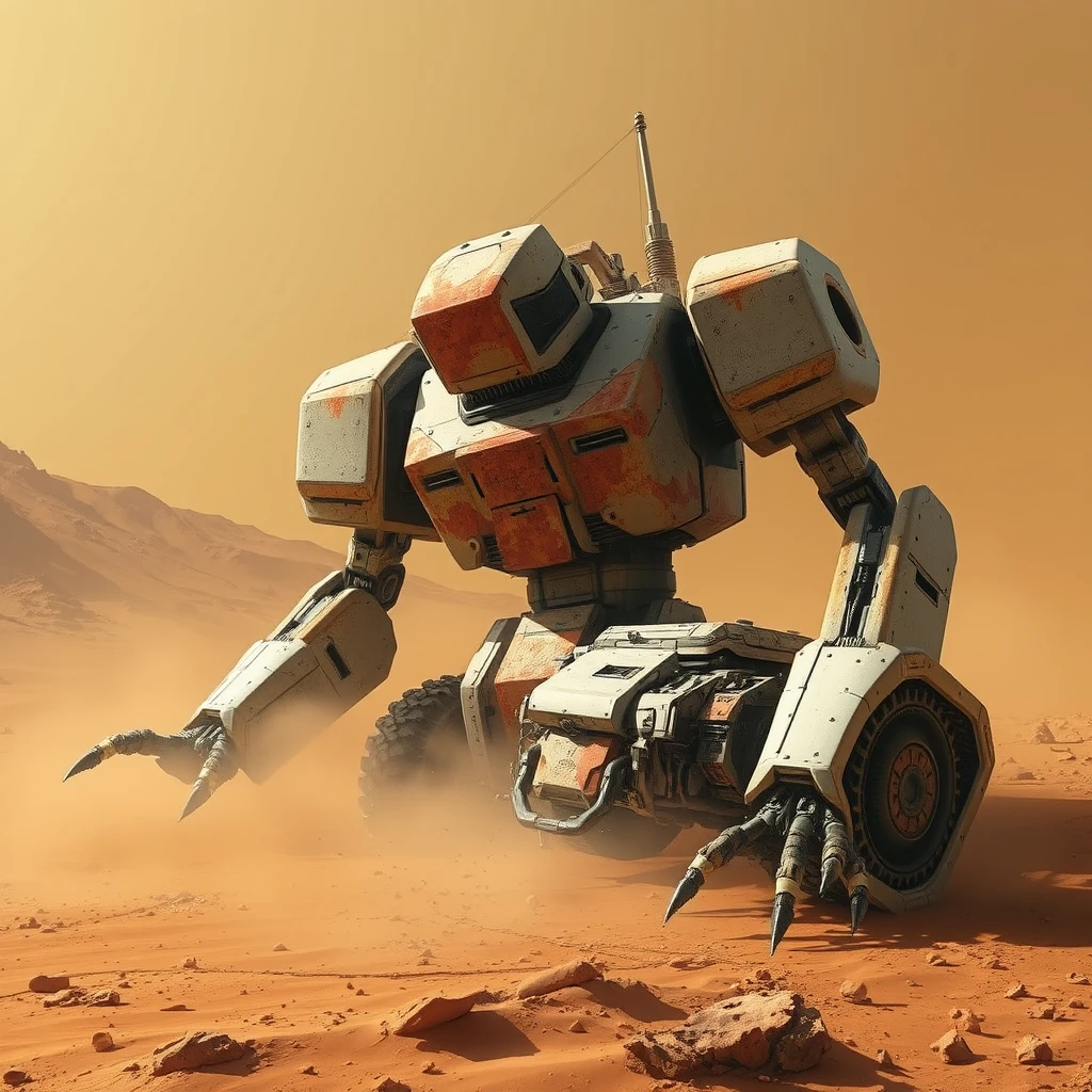 A huge robot with severe burn marks left after the battle lies on the surface of Mars. There is a slight sandstorm on Mars around 12 am.