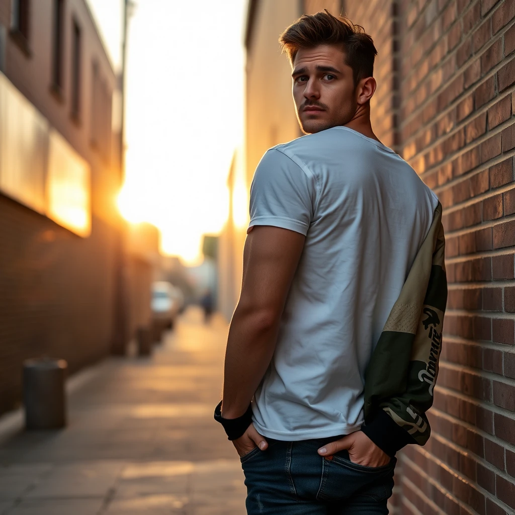 Freddie Prinze head and body shot, handsome, young, serious face, white T-shirt, collage jacket, jeans, sneakers, looking behind, hyper-realistic, street photography, brick wall, full body photography, sunrise. - Image