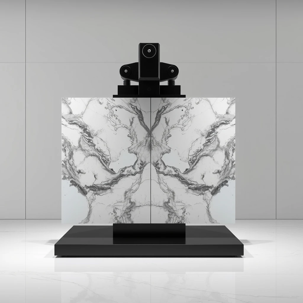 Smart, stylish robotic display system that can hold large 4 meter sized, polished marble panels such that the marble can be oriented vertically or horizontally, in book match format, for best viewing experience. - Image