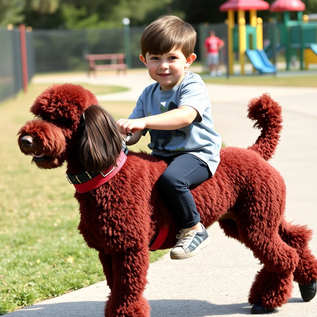 Four year old boy with dark brown hair riding a red standard poodle, wearing a dinosaur t-shirt and black jeans, cochlear implants, footpath, playground, clear day.