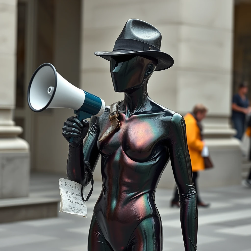 A figure stood there, skin smooth and metallic, the color of an oil slick. It had no nose or mouth on its face and was missing eyes and ears. It would be mistaken for a mannequin if it weren't moving around and wearing a hat, wielding a megaphone made of paper at passersby. No face. No facial features. No mouth. No ears. No eyes. Smooth skin. Black rainbow colors like oil slick. - Image