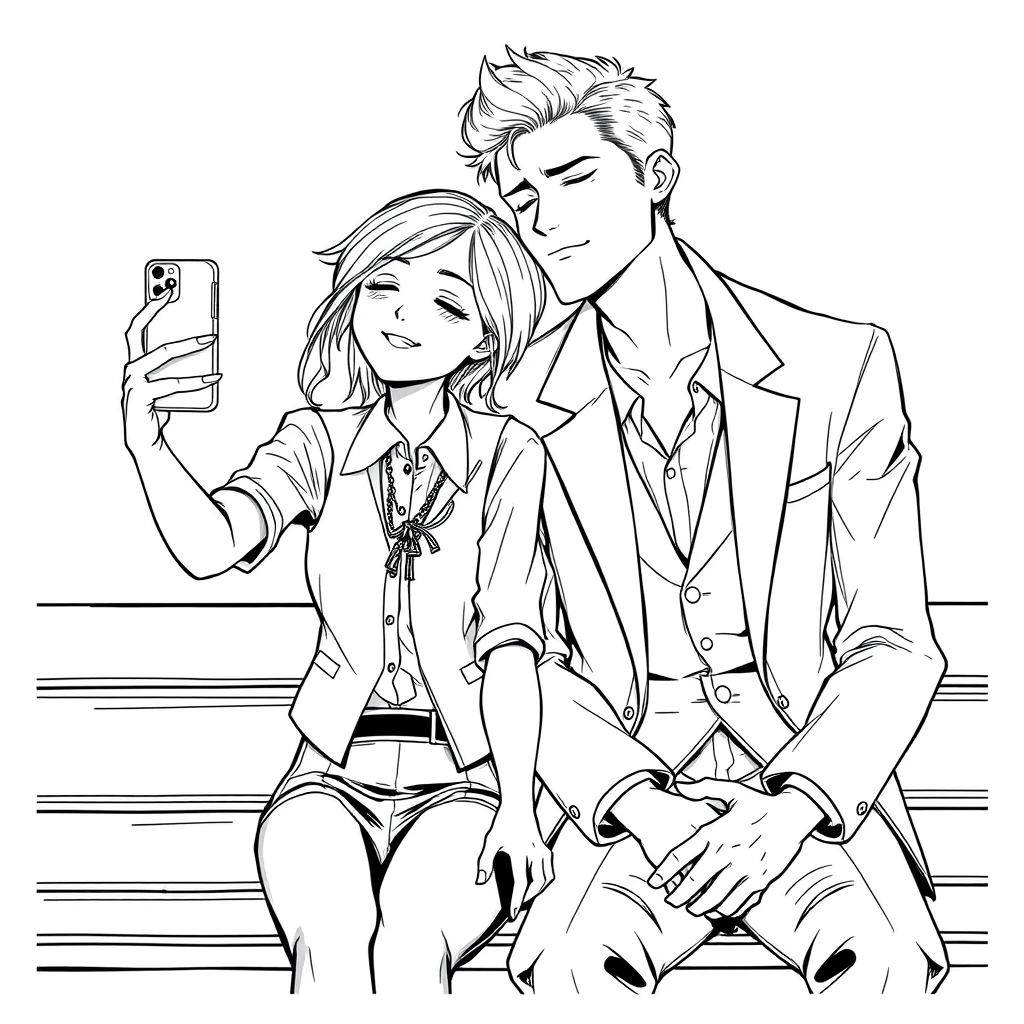 A girl in a shirt and vest took a selfie with her phone, a boy leaned on her shoulder, the boy is tall and handsome, wearing an open suit, he closed his eyes and is sleeping, and they sat on a bench with their hands clasped. Lineart.