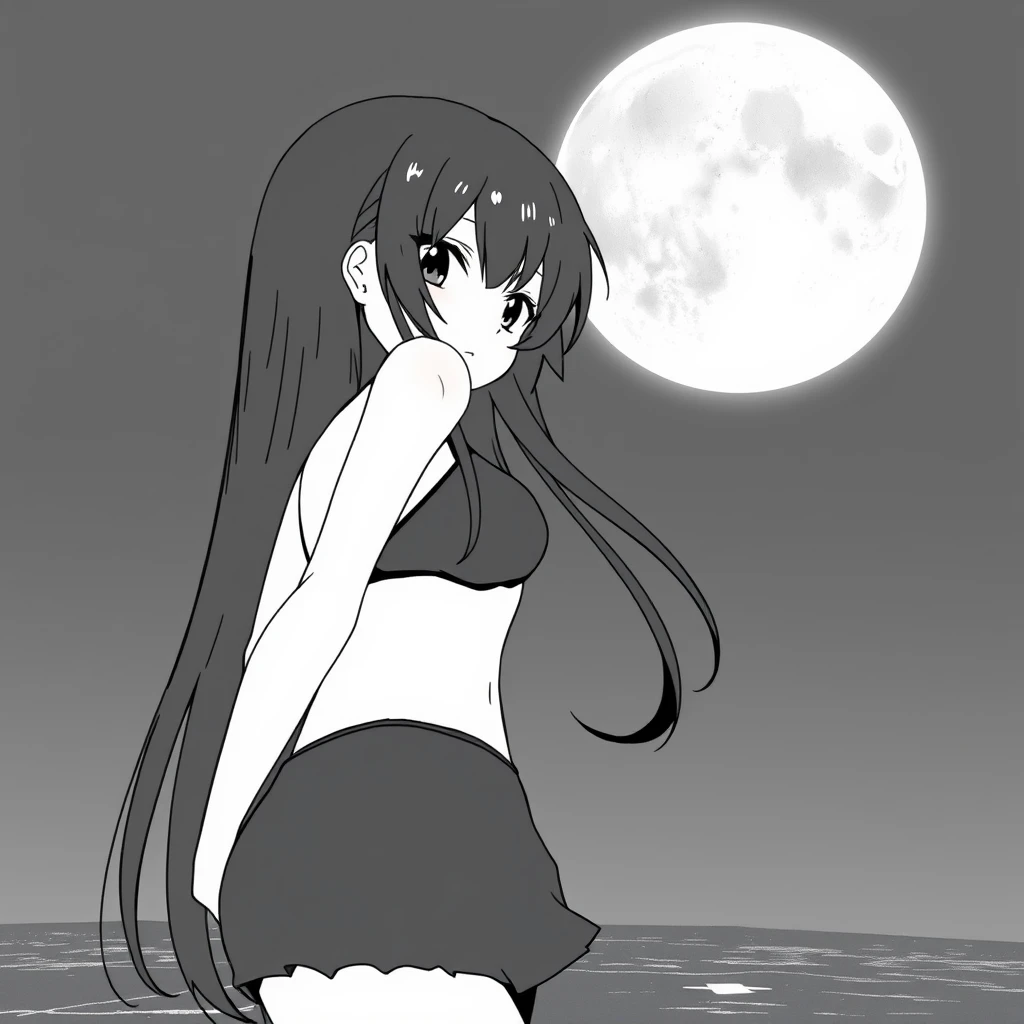 Girl with long, black hair in a black bikini. In the background, a black sky with a big, bright moon. Manga, grayscale. - Image