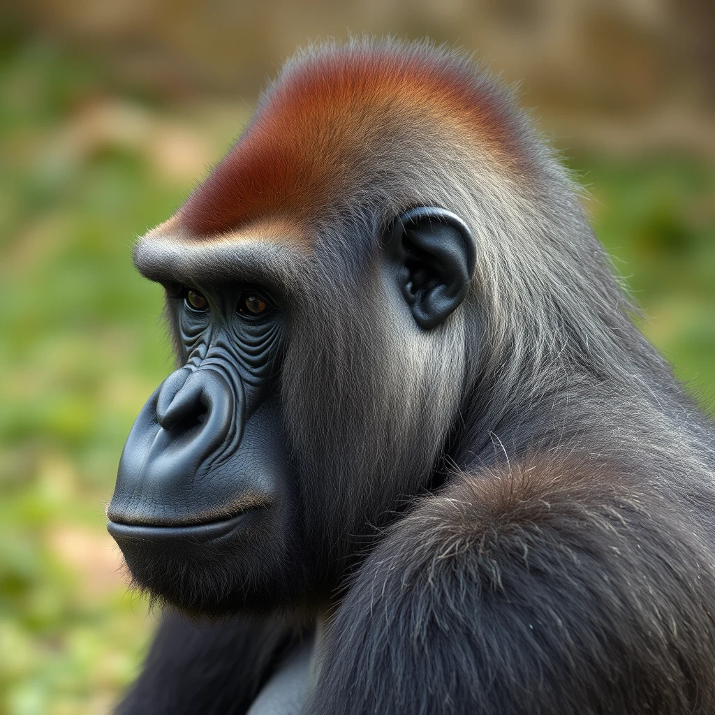 gorilla, close up, shaved side of the head like human haircut