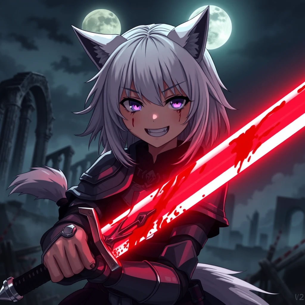 Anime girl with medium white hair and wolf ears and a tail, with purple eyes and an evil grin, blood on her face, holding a sword in her right hand. The sword is glowing light red and covered in blood. The girl is wearing armor. Old ruins can be seen in the background; it is dark and foggy, and in the sky is a full moon. Dramatic, dynamic, cinematic. - Image