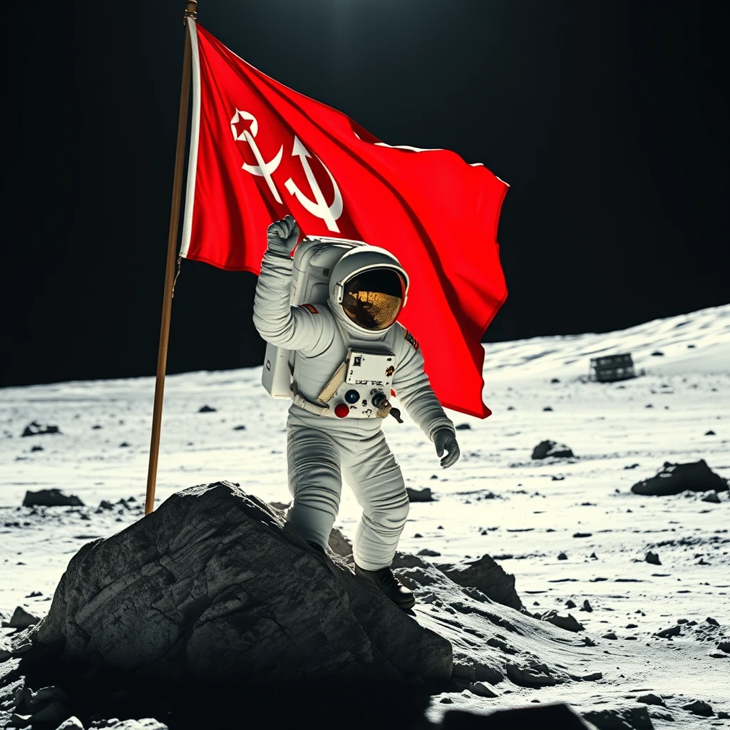 Cosmonaut putting the flag of the Soviet Union on the Moon