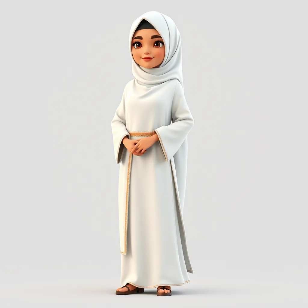 "Create a 3D animated cartoon of a Muslim woman from Palembang wearing a long white gamis. The character should be highly detailed with 8K resolution. Focus on traditional Palembang features and cultural elements." - Image