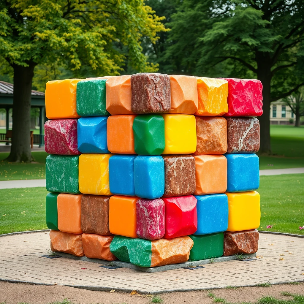 A giant Rubik's cube made of rock candy in a park.