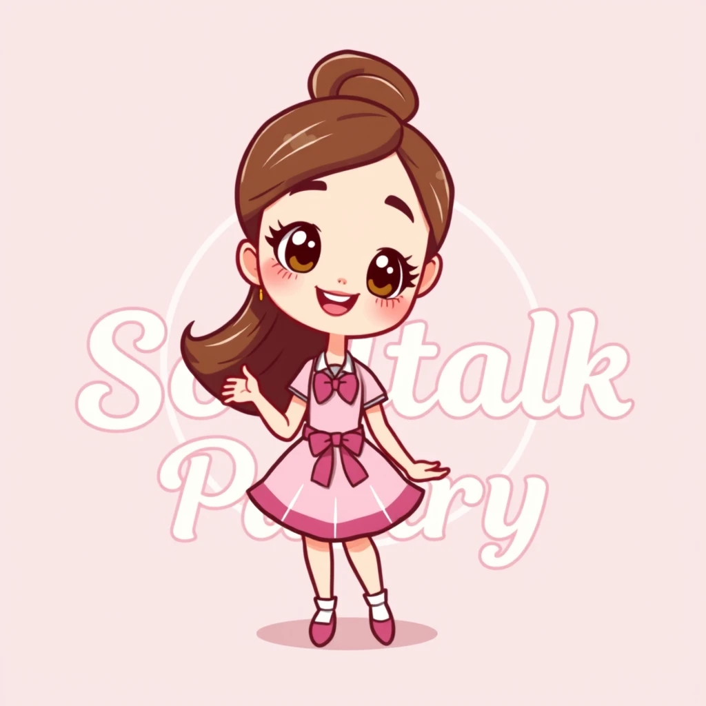 Create a cartoon character for a pastry shop. She is cute and eye-catching, posing in front of a logo "Soultalk Pastry", inviting guests to a treat. - Image